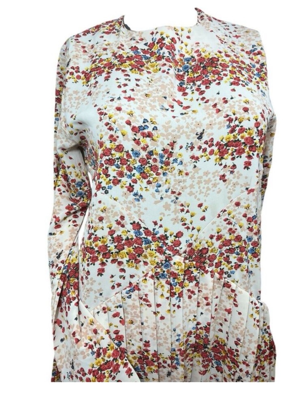 MDRN Pleated Long-Sleeve Dress Cream with Multi-colored Floral Print; Size Large